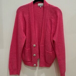 Hot Barbie pink Ganni cardigan with rhinestone flower buttons